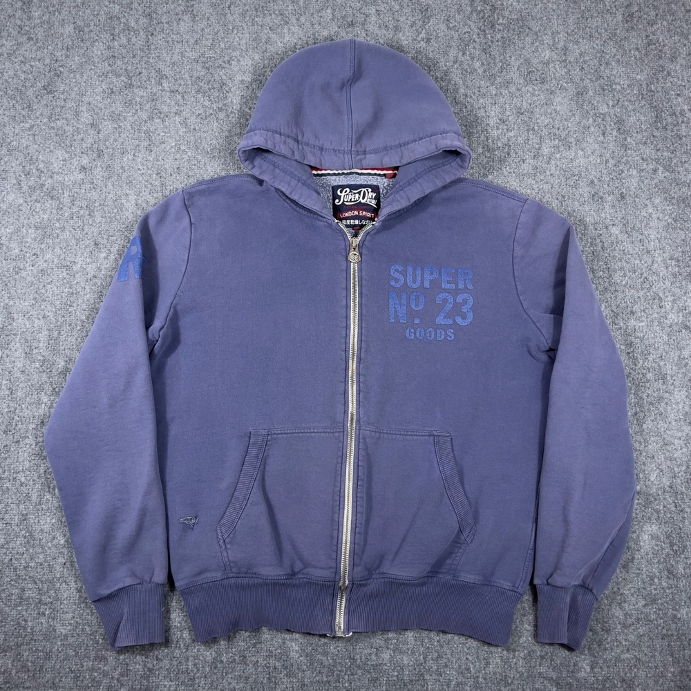 Superdry Full Zip Hoodie Mens 2XL Blue London Spirit Distressed Graphic